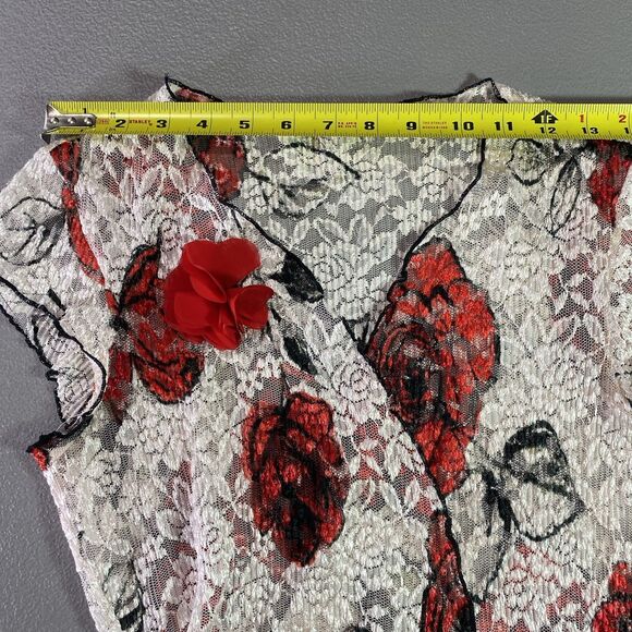 Floral Lace Wrap Blouse Sheer Stretch Side Tie V-Neck Womens S Off White Red - Picture 6 of 8